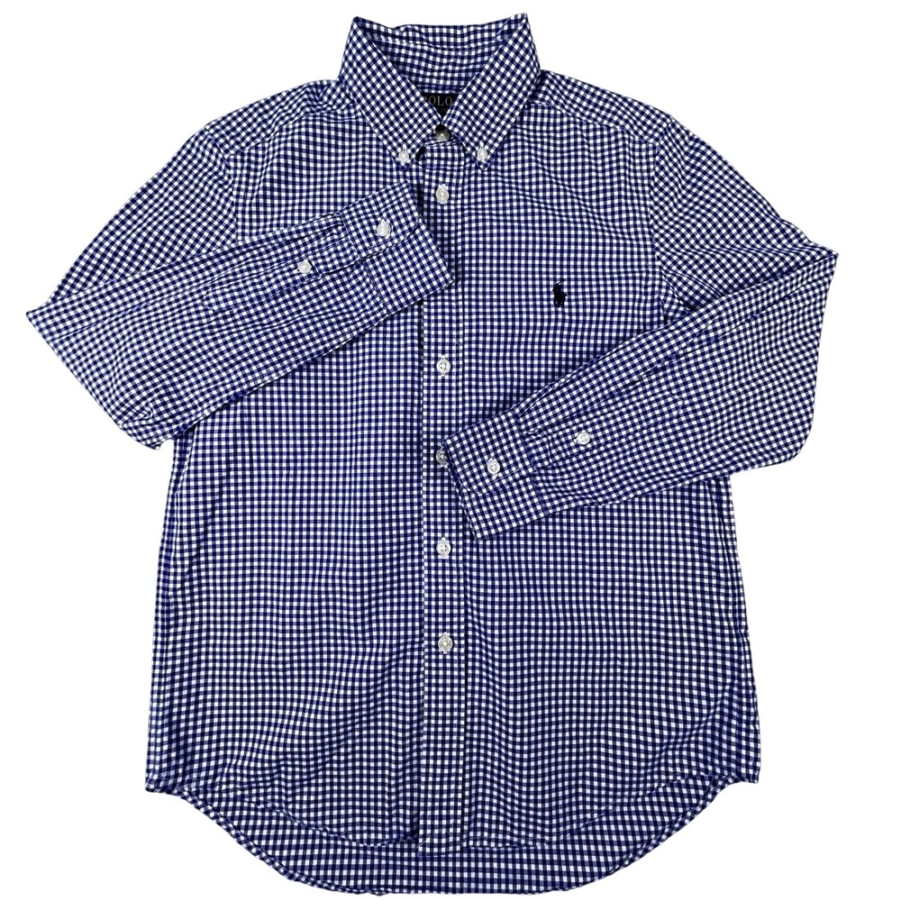 Polo Ralph Lauren Shirt Boys M 10-12 Blue Gingham Natural Stretch Button Down